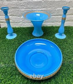 Antique Cambridge Azurite Blue Milk glass Gold Edge Vase Compote Candlestick Set