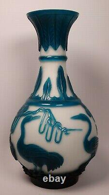 Antique Carved Chinese Peking Glass Vase Cobalt Blue Cranes & Flowers