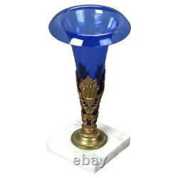 Antique Cobalt Blue Glass Vase With Figural Cast Gilt Bronze & Marble Base C1890