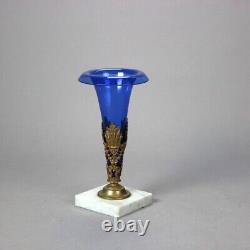 Antique Cobalt Blue Glass Vase With Figural Cast Gilt Bronze & Marble Base C1890