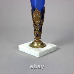 Antique Cobalt Blue Glass Vase With Figural Cast Gilt Bronze & Marble Base C1890