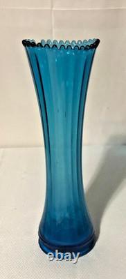 Antique Colonial Blue Glass Ribbed Swung Stretch Flower Vase/Ripple Stiple Rim