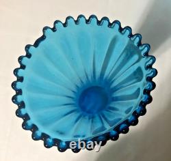 Antique Colonial Blue Glass Ribbed Swung Stretch Flower Vase/Ripple Stiple Rim
