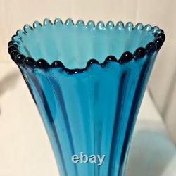 Antique Colonial Blue Glass Ribbed Swung Stretch Flower Vase/Ripple Stiple Rim