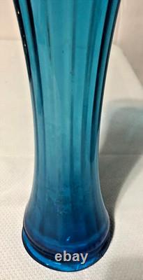 Antique Colonial Blue Glass Ribbed Swung Stretch Flower Vase/Ripple Stiple Rim