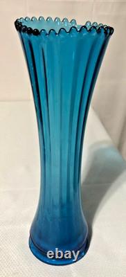 Antique Colonial Blue Glass Ribbed Swung Stretch Flower Vase/Ripple Stiple Rim