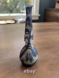 Antique DeVez Nautical Sailboat Cameo Glass Decorative Vase Signed 5.75