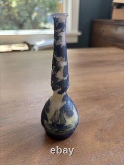 Antique DeVez Nautical Sailboat Cameo Glass Decorative Vase Signed 5.75