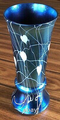 Antique Durand Blue Iridescent Hearts Vines Art Glass Vase 20154-10 Signed