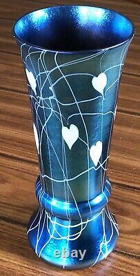 Antique Durand Blue Iridescent Hearts Vines Art Glass Vase 20154-10 Signed