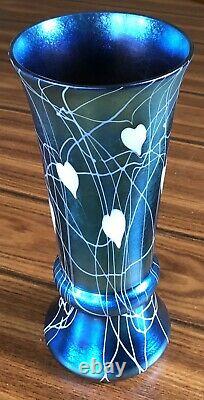 Antique Durand Blue Iridescent Hearts Vines Art Glass Vase 20154-10 Signed