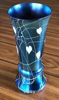 Antique Durand Blue Iridescent Hearts Vines Art Glass Vase 20154-10 Signed