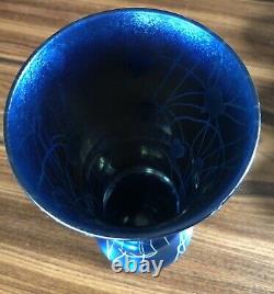 Antique Durand Blue Iridescent Hearts Vines Art Glass Vase 20154-10 Signed