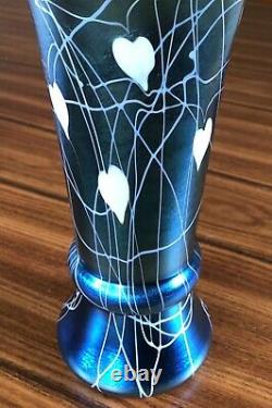 Antique Durand Blue Iridescent Hearts Vines Art Glass Vase 20154-10 Signed