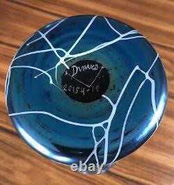 Antique Durand Blue Iridescent Hearts Vines Art Glass Vase 20154-10 Signed