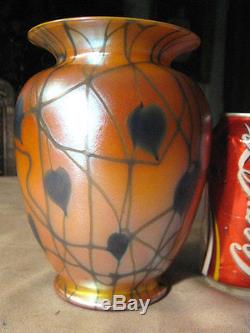 Antique Durand Blue & Orange Heart Leaf & Vine Plant Art Glass Lamp Table Vase