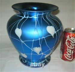 Antique Durand USA Blue Hearts Vines Floral Urn Art Glass Flower Vase Us Steuben