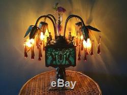 Antique Egyptian Revival Lamp Vase 1920s Blue Slag Glass Panels Filagree Metal