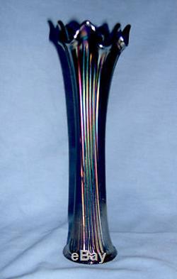 Antique Fenton Glass Cobalt Carnival Tulip Vase In Fine Ribbed Pattern