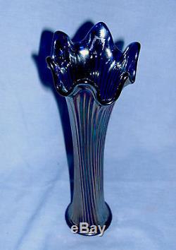Antique Fenton Glass Cobalt Carnival Tulip Vase In Fine Ribbed Pattern