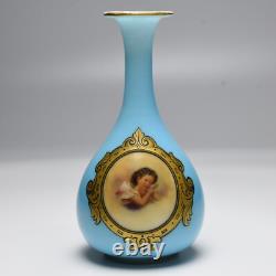Antique French Blue Opaline Glass Portrait Vase with Angel