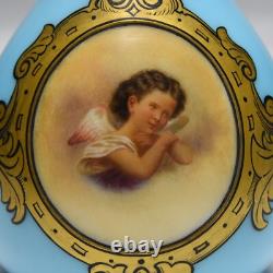 Antique French Blue Opaline Glass Portrait Vase with Angel