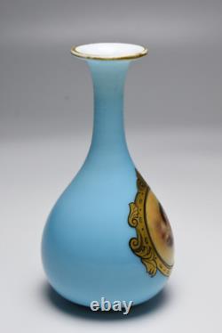 Antique French Blue Opaline Glass Portrait Vase with Angel