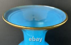 Antique French Blue Opaline Glass Vase 15 Gold Rim