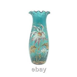 Antique French Mon Joye Legras Teal Blue Enameled Floral Art Glass Vase 1800s