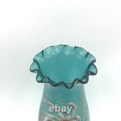 Antique French Mon Joye Legras Teal Blue Enameled Floral Art Glass Vase 1800s