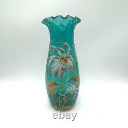 Antique French Mon Joye Legras Teal Blue Enameled Floral Art Glass Vase 1800s