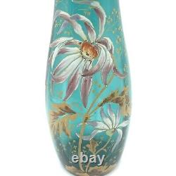 Antique French Mon Joye Legras Teal Blue Enameled Floral Art Glass Vase 1800s