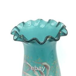 Antique French Mon Joye Legras Teal Blue Enameled Floral Art Glass Vase 1800s