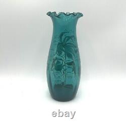 Antique French Mon Joye Legras Teal Blue Enameled Floral Art Glass Vase 1800s