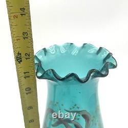 Antique French Mon Joye Legras Teal Blue Enameled Floral Art Glass Vase 1800s