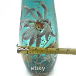 Antique French Mon Joye Legras Teal Blue Enameled Floral Art Glass Vase 1800s