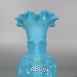Antique French Opaline Blue Milk Glass Vase, Fauns and Roses, Signed Portieux