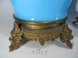 Antique French pair of blue opaline & bronze vases # 20053