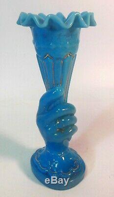 Antique HAND holding VASE FRENCH BLUE Glass Gold detail Victorian