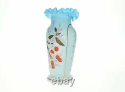 Antique Hand Painted Bristol Blue Satin Glass Vase Bird In Tree 11