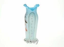 Antique Hand Painted Bristol Blue Satin Glass Vase Bird In Tree 11