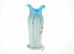 Antique Hand Painted Bristol Blue Satin Glass Vase Bird In Tree 11