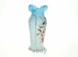 Antique Hand Painted Bristol Blue Satin Glass Vase Bird In Tree 11