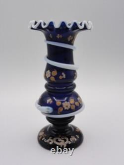 Antique Harrach Cobalt Blue Opaline Hand Painted Floral Art Glass Vase with Snakes