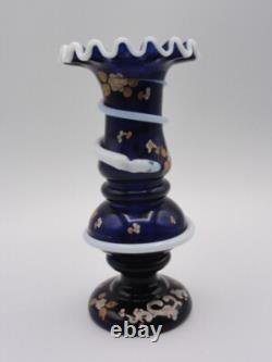 Antique Harrach Cobalt Blue Opaline Hand Painted Floral Art Glass Vase with Snakes