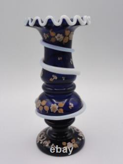 Antique Harrach Cobalt Blue Opaline Hand Painted Floral Art Glass Vase with Snakes
