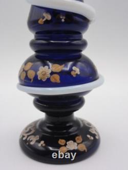 Antique Harrach Cobalt Blue Opaline Hand Painted Floral Art Glass Vase with Snakes