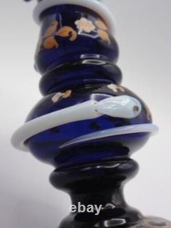 Antique Harrach Cobalt Blue Opaline Hand Painted Floral Art Glass Vase with Snakes