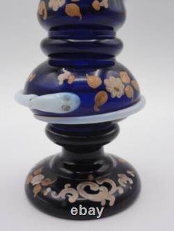 Antique Harrach Cobalt Blue Opaline Hand Painted Floral Art Glass Vase with Snakes
