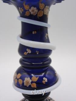 Antique Harrach Cobalt Blue Opaline Hand Painted Floral Art Glass Vase with Snakes